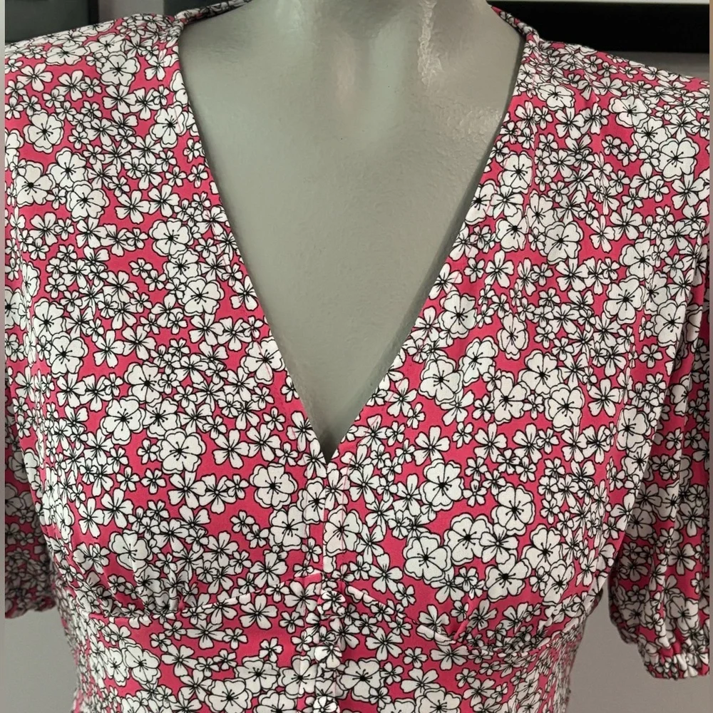 🌸 MICHAEL KORS Rose Pink Floral Mini Dress | Puff Sleeve V-Neck | Size M